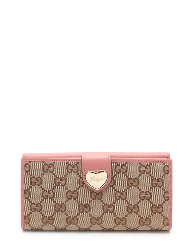 グッチ GUCCI Wホック長財布 GGキャンバス ラブリーハート 茶 ピンク  
