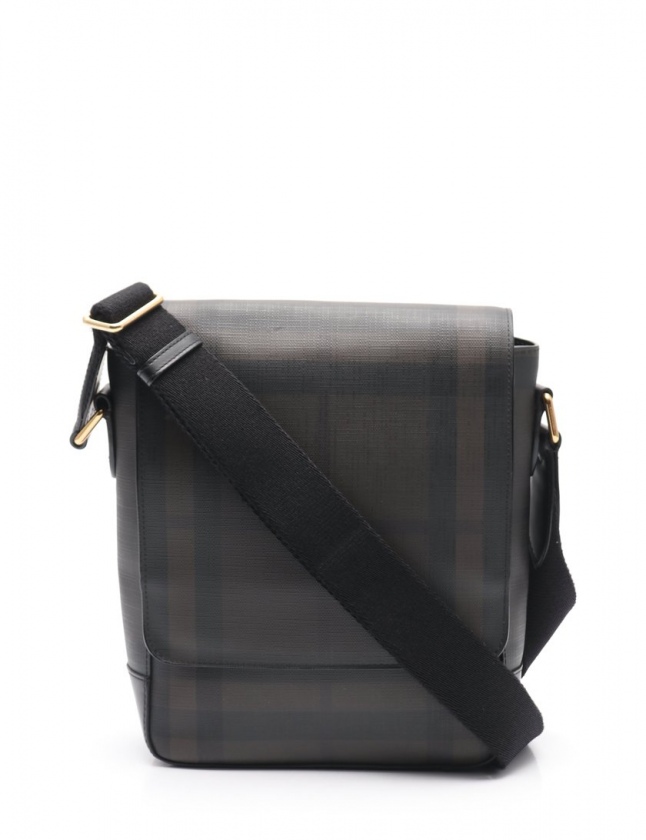 バーバリー BURBERRY ショルダーバッグ チェック柄 茶 黒 PVC メンズ 