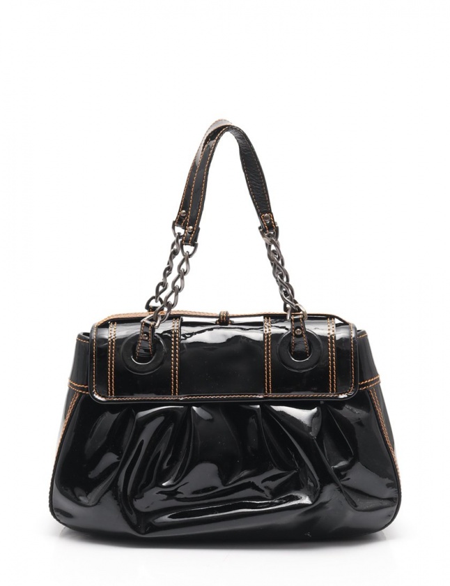 フェンディ FENDI チェーンハンドバッグ 黒 茶 8BN165 エナメルレザー 