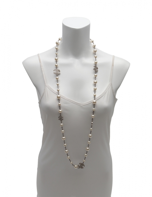 シャネル CHANEL ロングネックレス ココマーク シルバー アイボリー  