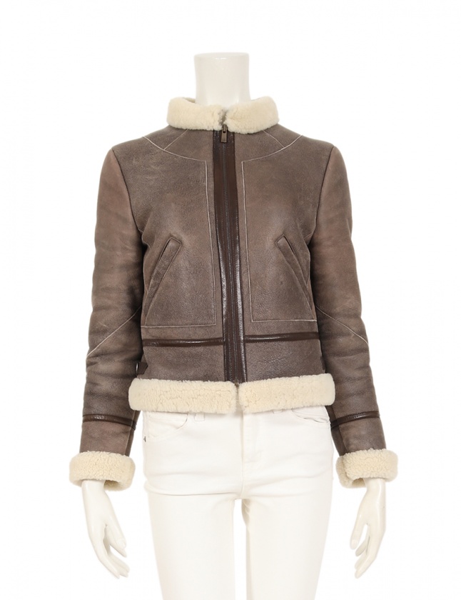 クロエ CHLOE ライダースジャケット ライトブラウン アイボリー 34  