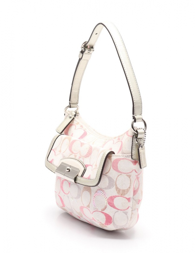 コーチ COACH ショルダーバッグ シグネチャー 白 ピンク キャンバス 
