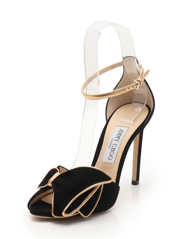 ジミーチュウ JIMMY CHOO サンダル ヒール 黒 ゴールド 38.5 シューズ 