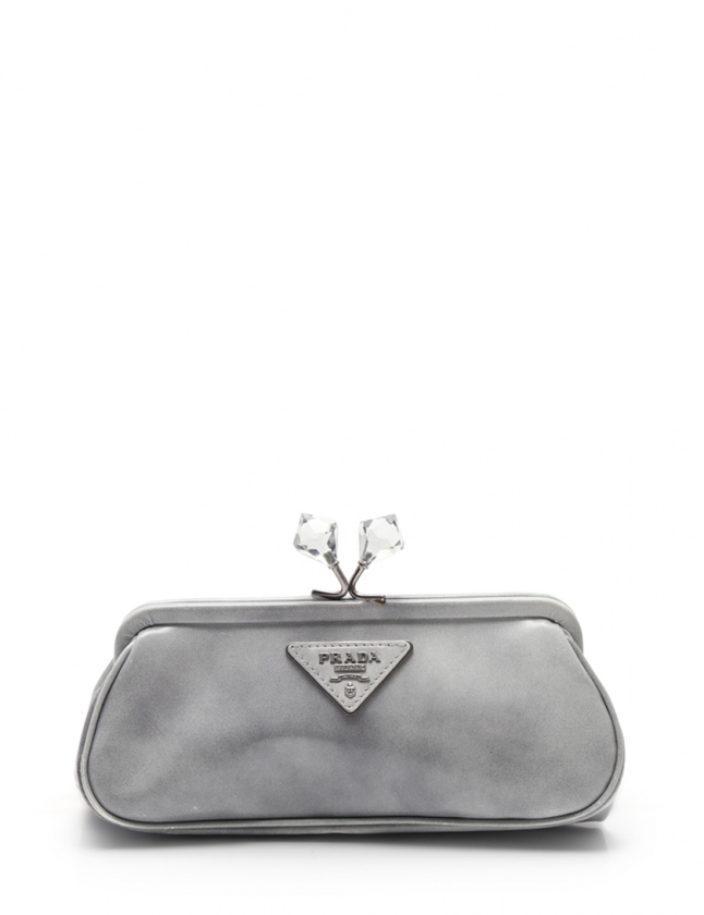プラダ PRADA ポーチ がま口 グレー 小物 レザー ビジュー レディース 
