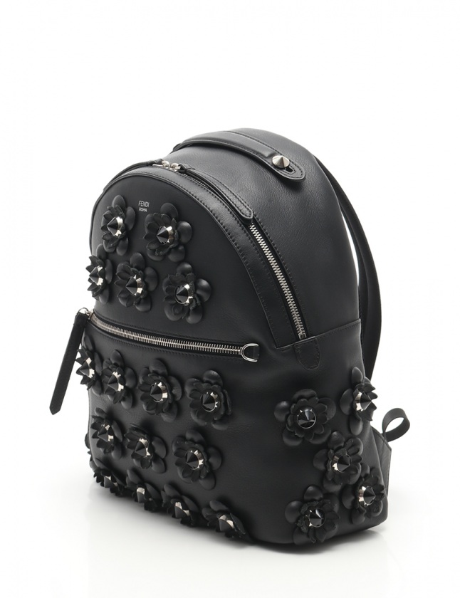 フェンディ FENDI バックパック リュック 黒 8BZ035 レザー フラワー