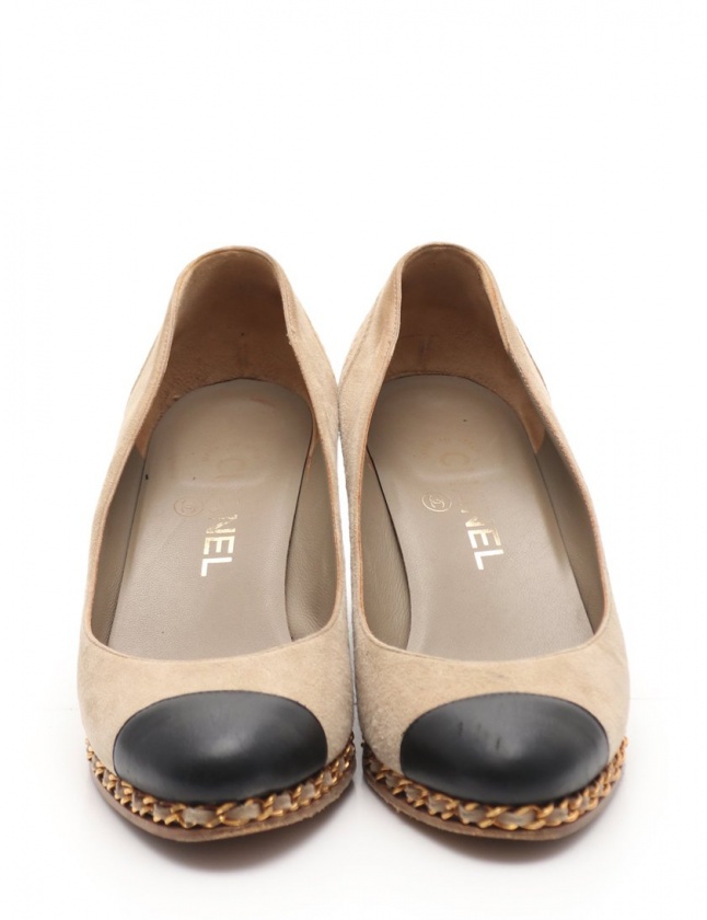 シャネル CHANEL パンプス ヒール ベージュ 黒 ゴールド 37 シューズ