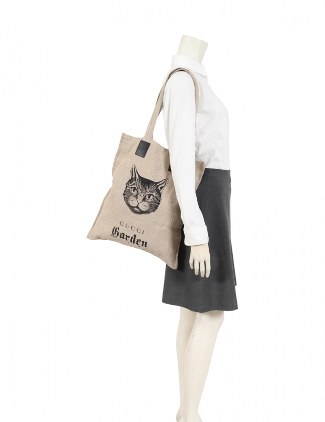 グッチ GUCCI トートバッグ ガーデン 猫 ベージュ 麻 Garden 限定 