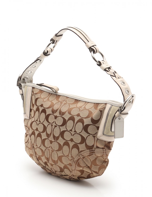 【美品】コーチ シグネチャー ショルダーバッグ ベージュ 白 F12390 COACH コーチ ショルダーバッグ 12390 シグネチャー ベージュ×白