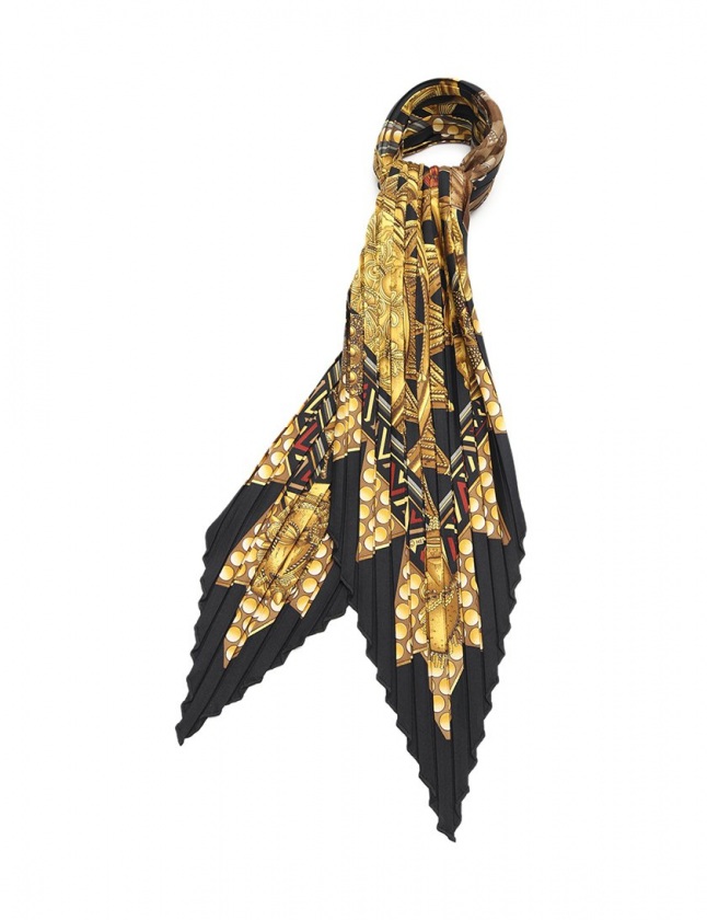 エルメス HERMES プリーツスカーフ カレプリセ 黒 ゴールド 赤 小物 総 