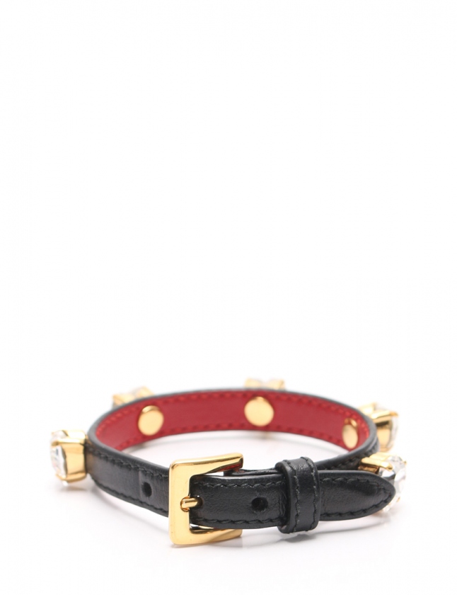 ミュウミュウ miumiu ブレスレット 黒 アクセサリー レザー ビジュー 