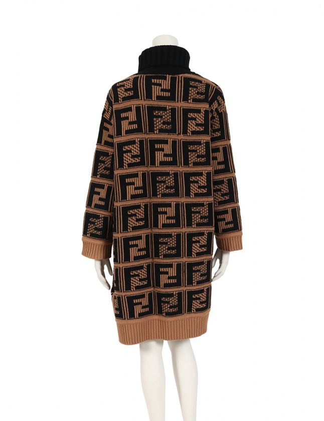 フェンディ FENDI ニットワンピース ズッカ 茶 黒 40 長袖 ひざ丈 総柄 