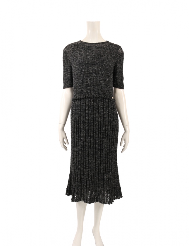 シャネル Chanel ワンピース ニット ダークグレー 42 半袖 ミモレ丈 無地 M P アルパカ レディース 114 ベクトルパーク