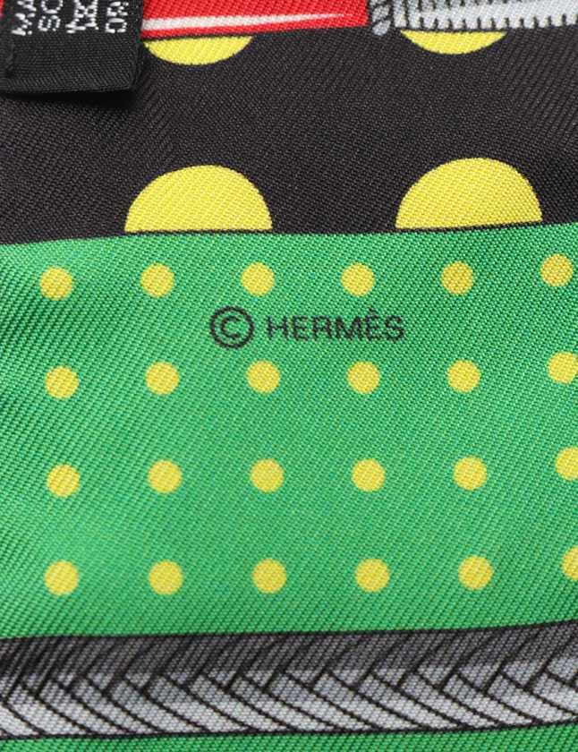 エルメス HERMES リボンスカーフ ツイリー 黒 緑 黄 小物 シルク