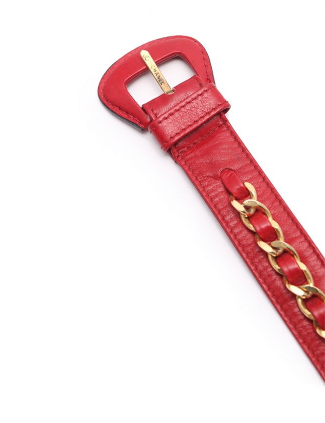 CHANEL レッドレザー ベルト ゴールドチェーン シャネル CHANEL リボン チェーン ベルト レザー レッド