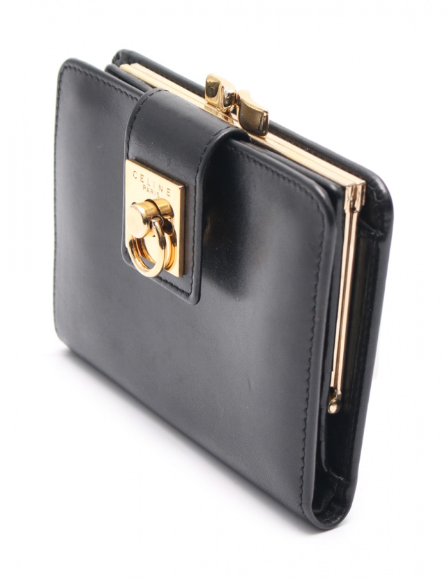 セリーヌ CELINE 二つ折り財布 黒 小物 レザー がま口 レディース 114 