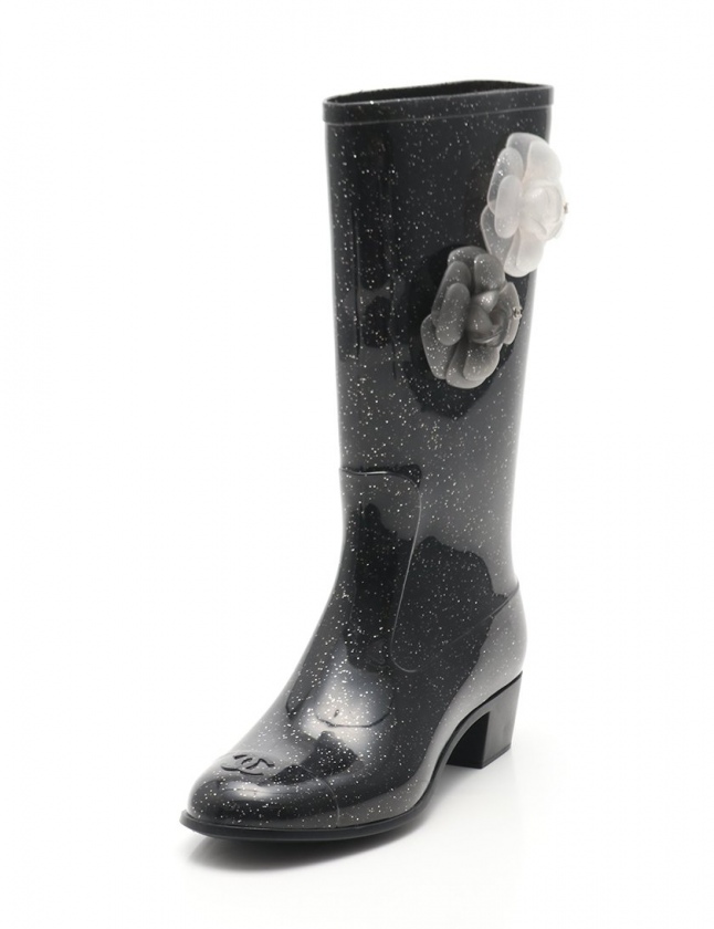 シャネル CHANEL レインブーツ カメリア ココマーク 黒 37 シューズ  