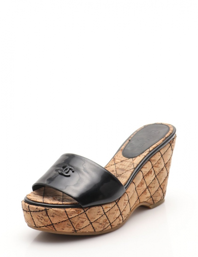 シャネル CHANEL サンダル ココマーク ベージュ 黒 シューズ 22.5cm  