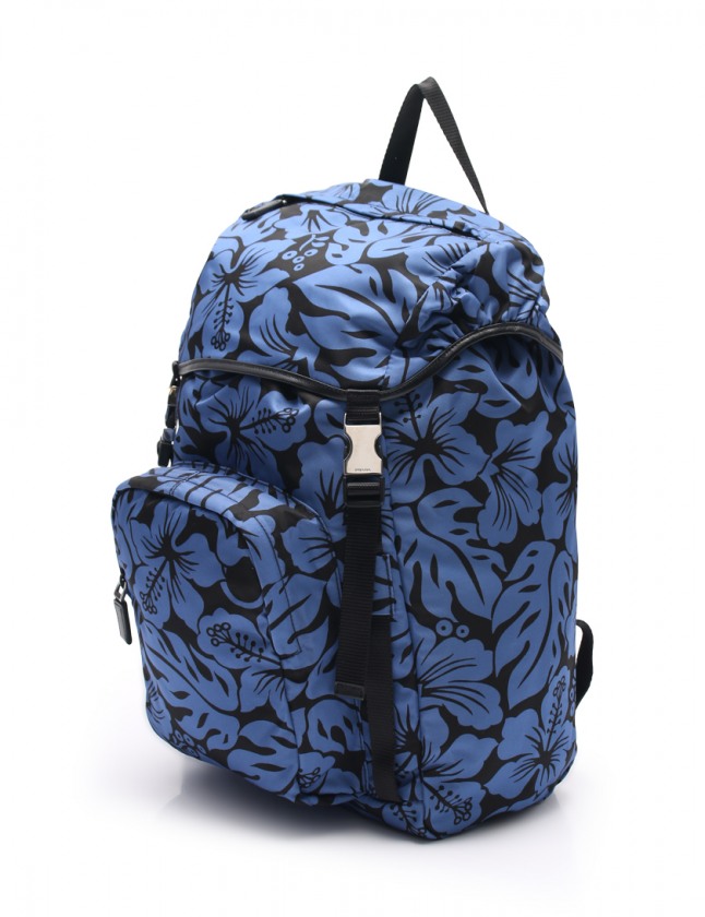 プラダ PRADA バックパック リュック ハイビスカス柄 青 黒 V135