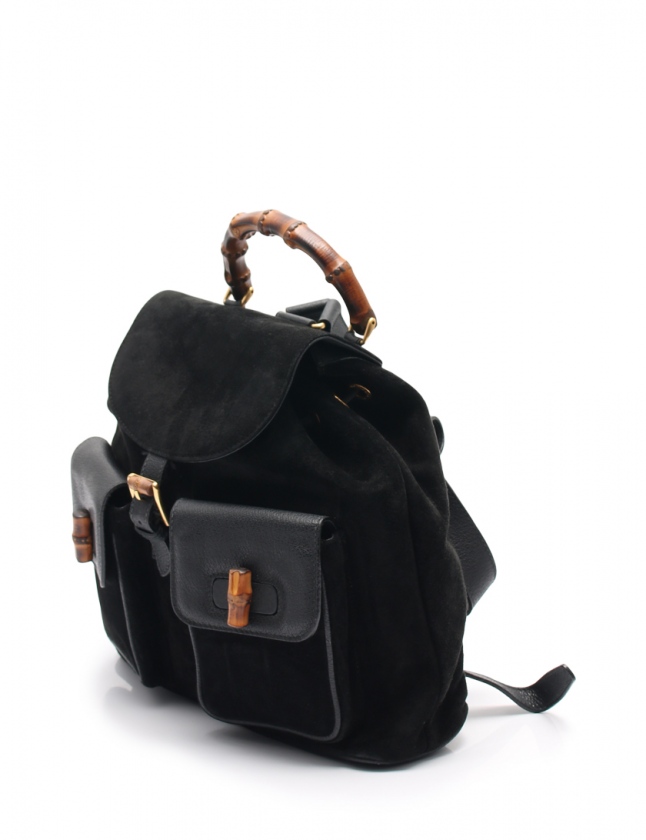 1円 GUCCI グッチ 003 58 0016 バンブー スエード×レザー 巾着型