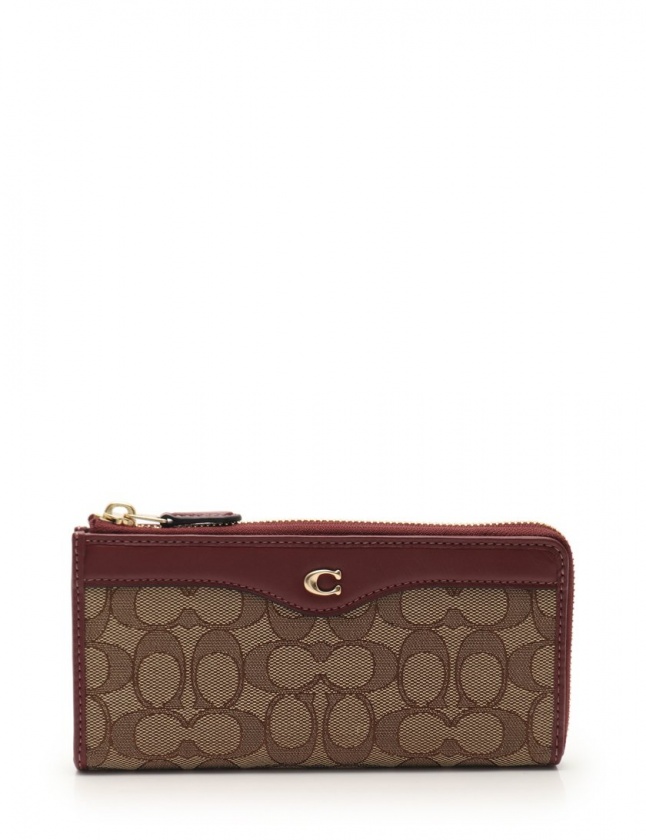 コーチ COACH L字ファスナー長財布 シグネチャー ベージュ ボルドー 
