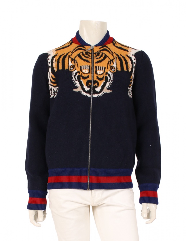グッチ GUCCI ニットブルゾン タイガー ネイビー マルチカラー M グッチ GUCCI ニットブルゾン タイガー ネイビー マルチカラー M