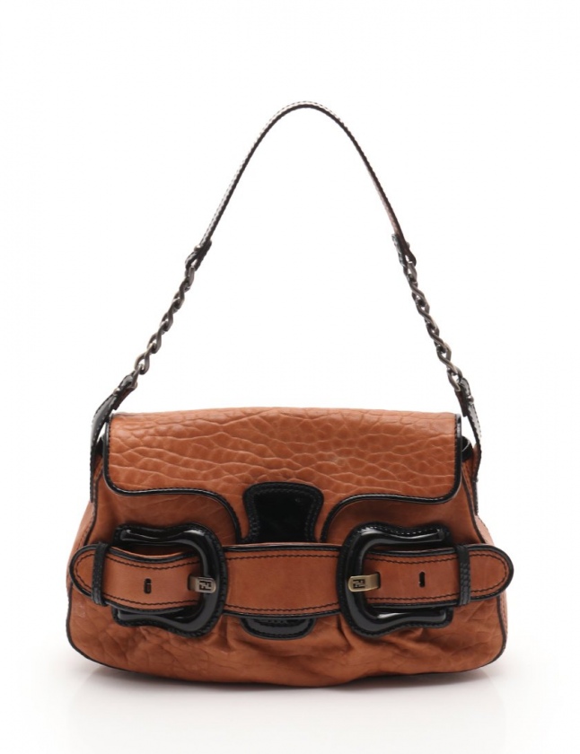 フェンディ FENDI チェーンショルダーバッグ 茶 黒 8BR551 レザー 