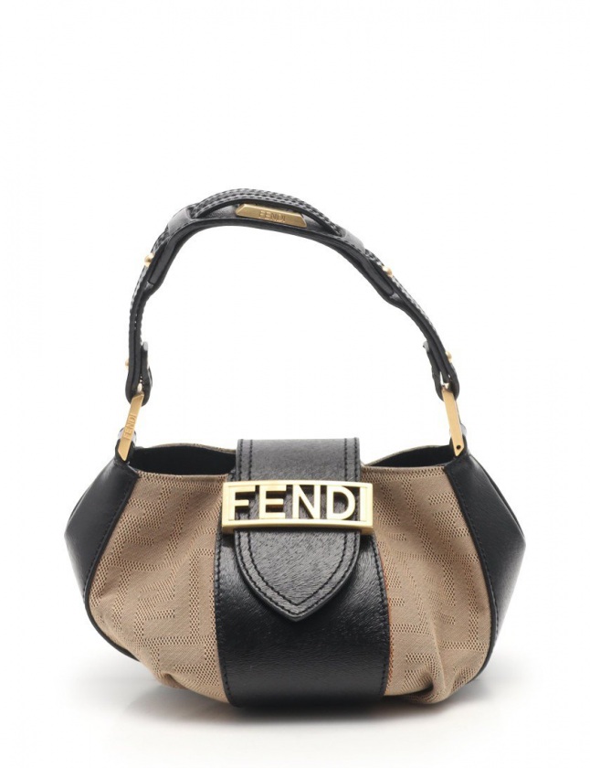 フェンディ FENDI ハンドバッグ ベージュ 黒 8BK036 レザー キャンバス 