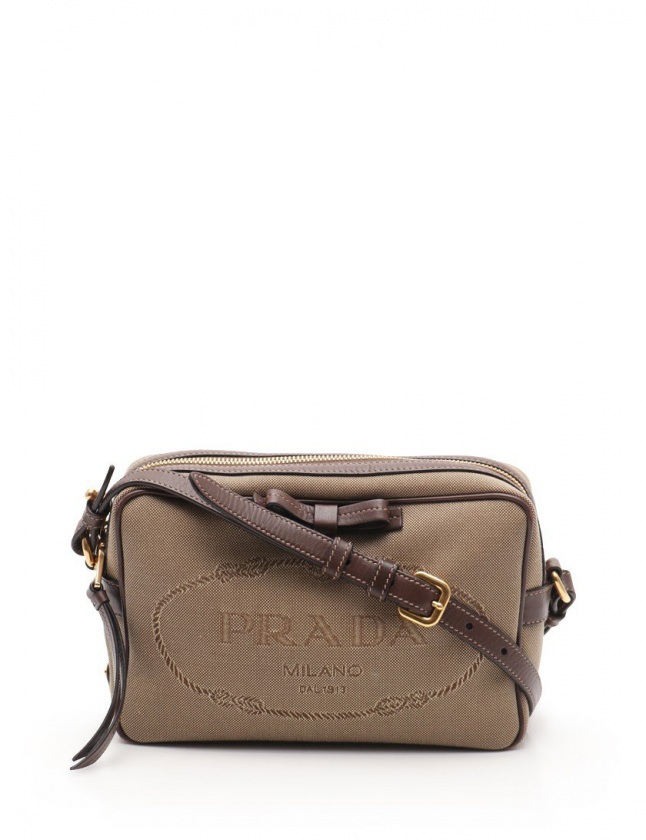 プラダ PRADA ショルダーバッグ ベージュ 茶 1BH089 キャンバス レザー  