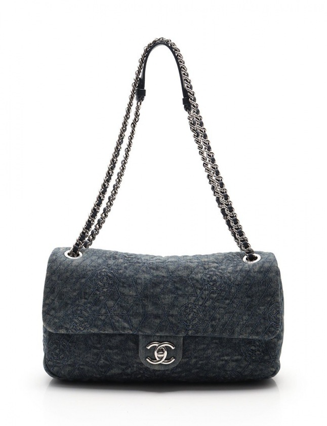 シャネル CHANEL Wチェーンショルダーバッグ カメリア ネイビー デニム 