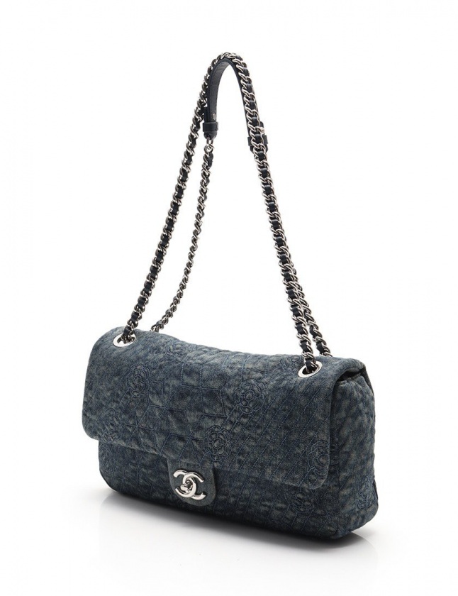 シャネル CHANEL Wチェーンショルダーバッグ カメリア ネイビー デニム 
