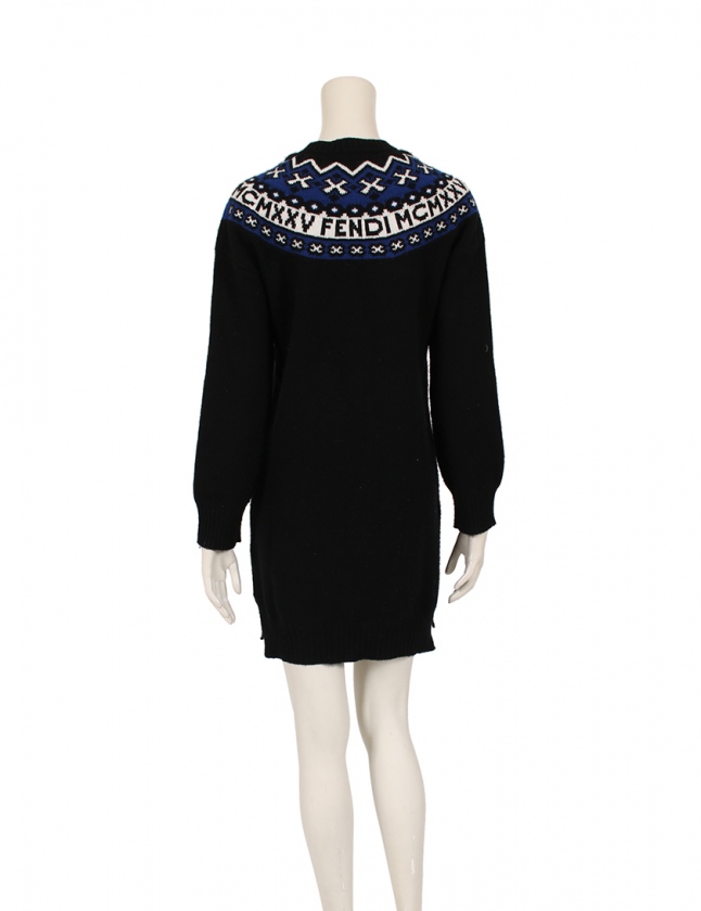 フェンディ FENDI ニットワンピース 黒 白 青 36 長袖 ミニ丈  