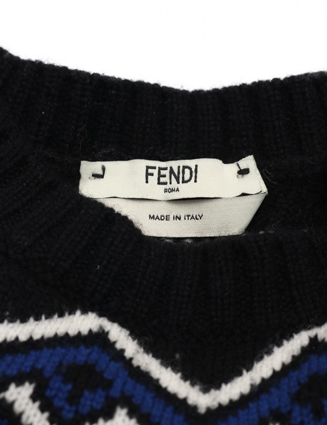 フェンディ FENDI ニットワンピース 黒 白 青 36 長袖 ミニ丈