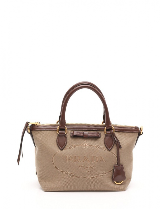 プラダ PRADA ハンドバッグ ショルダーバッグ 茶 キャンバス レザー 