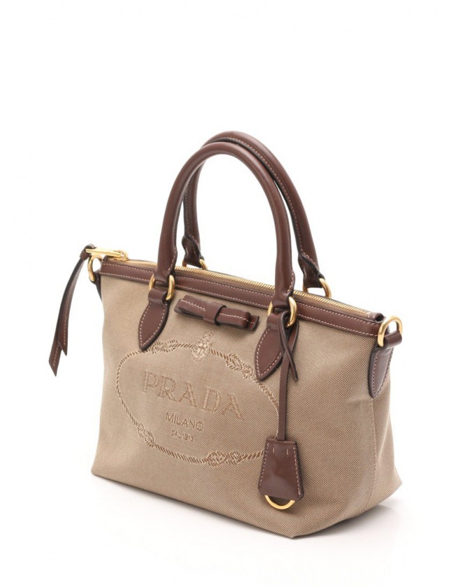 プラダ PRADA ハンドバッグ ショルダーバッグ 茶 キャンバス レザー  