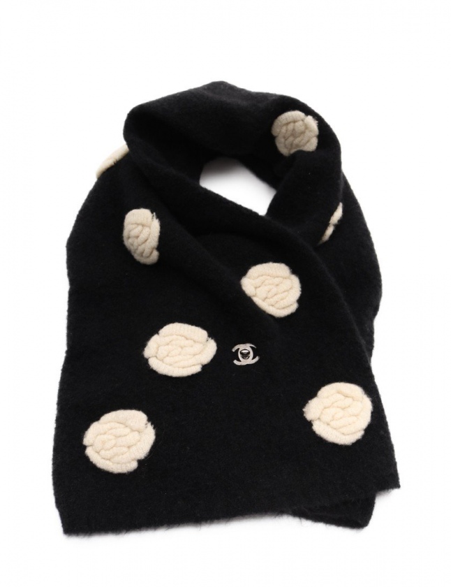シャネル CHANEL マフラー カメリア ココマーク 黒 アイボリー 小物 
