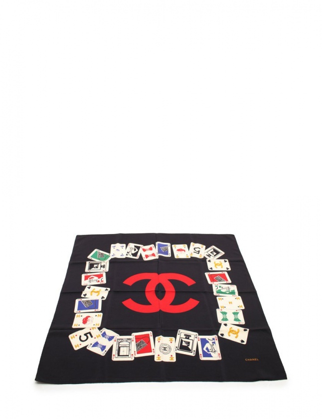 シャネル CHANEL スカーフ ココマーク 黒 赤 マルチカラー 小物 総柄 