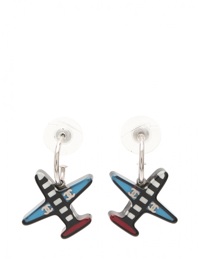 シャネル CHANEL ピアス 黒 水色 赤 アクセサリー 飛行機モチーフ 16S 