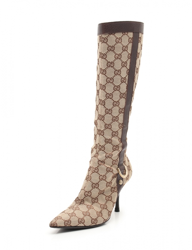 グッチ GUCCI ロングブーツ GGキャンバス ベージュ 茶 36 シューズ 