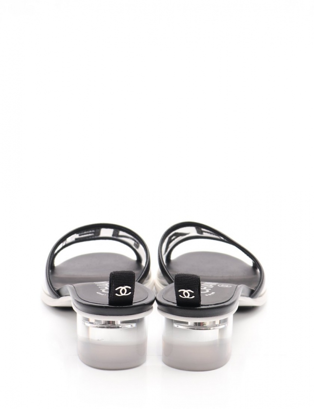 【美品】ＣＨＡＮＥＬ　可愛いロゴ　サンダル・ミュール38　ヒールメンテ済 シャネル CHANEL サンダル ミュール ヒール ロゴ 黒 白 38