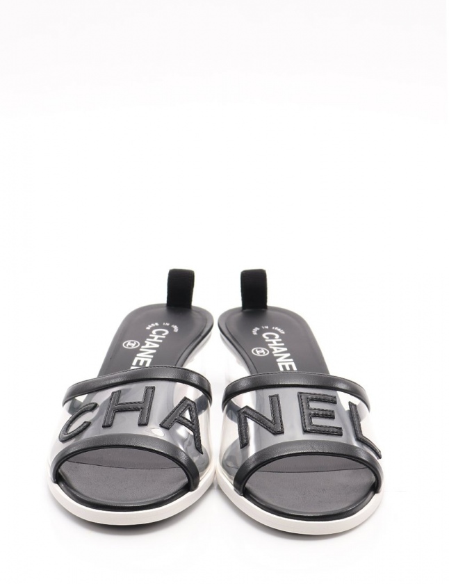 シャネル CHANEL サンダル ミュール ヒール ロゴ 黒 白 38 シューズ