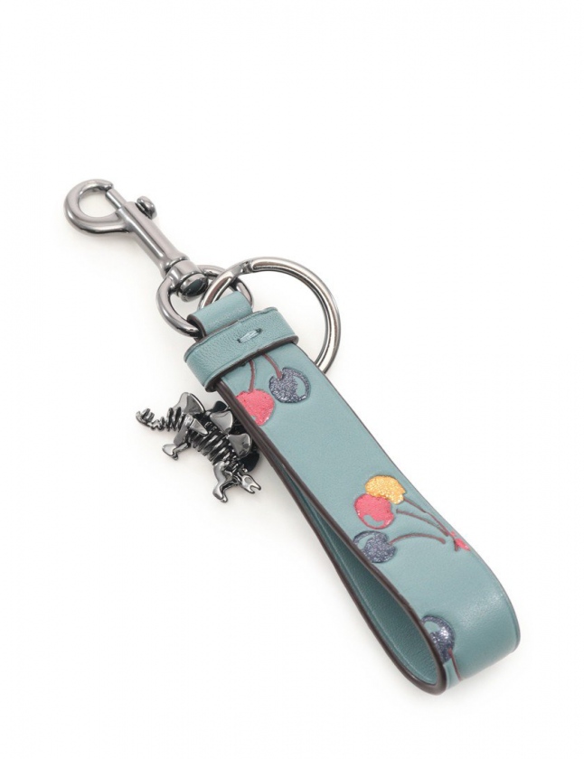 新品 COACH コーチ　キーホルダー　レザー　恐竜　チェリー　くすみブルー 新品 COACH コーチ キーホルダー レザー 恐竜 チェリー くすみ