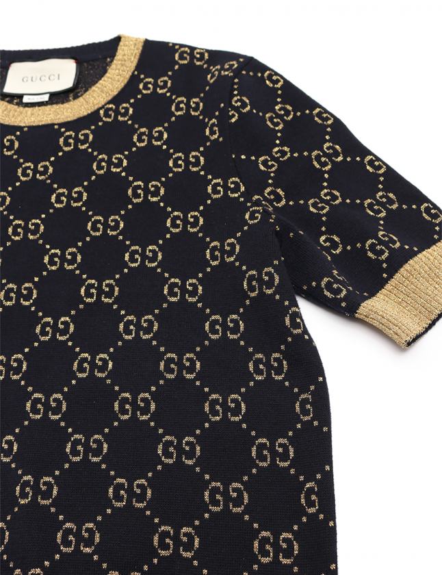 GUCCI - GUCCI(グッチ) GG 半袖ニット トップス セーター アパレル ファッション M コットン ナイロン ネイビー紺 ゴールド金 526759 レディース 40802135497【中古】【アラモード】 GUCCI(グッチ) GG 半袖ニット トップス セーター アパレル