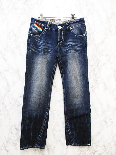 ブルームーンブルー Blue Moon Blue パンツ デニム ジーンズ ストレート ワッペン ロゴ ローライズ 27 インディゴブルー 中古 115 ベクトルパーク