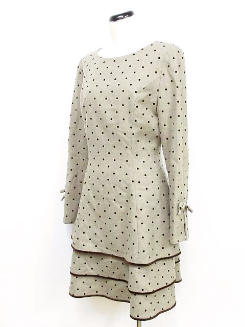 エムズグレイシー M S Gracy ワンピース ミニ 長袖 ボートネック ティアード フリル ドット プリント リボン 茶系 黒 9 Nk 01 レディース 116 ベクトルパーク