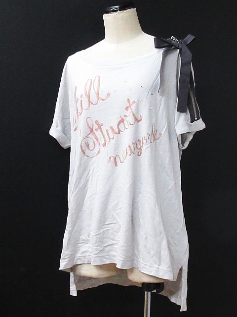 ジルスチュアートニューヨーク Jill Stuart Newyork カットソー Tシャツ オーバーサイズ ロゴプリント ラインストーン リボン ボートネック 半袖 ライトグレー Mm 01 レディース 116 ベクトルパーク
