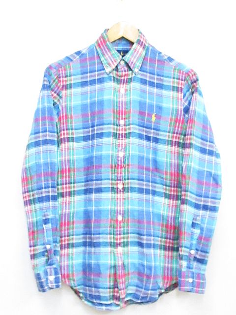 ラルフローレン Ralph Lauren ボタンダウン シャツ 麻100 リネン 長袖 マドラス チェック ロゴ 刺繍 青系 Xs Nk 150 02 メンズ 116 ベクトルパーク
