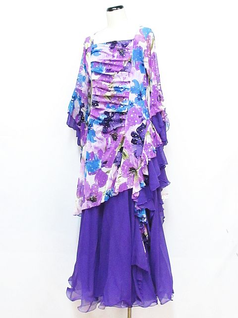 未使用品 Da Vistosa ドレス ワンピース 花柄 フリル メッシュ ドレープ ステージ 舞台 ダンス カラオケ 衣装 紫系 M L Km 3808 レディース 116 ベクトルパーク