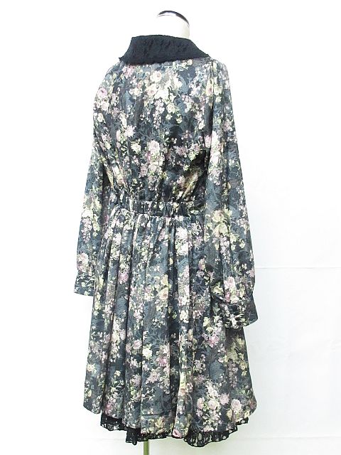 未使用品 アクシーズファム Axes Femme ワンピース 長袖 膝丈 ギャザー 花柄 ボタニカル レース バラ グレー系 黒 M Nk 01 レディース 116 ベクトルパーク