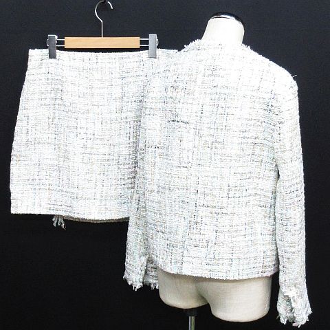 ザラ ベーシック Zara Basic スーツ セットアップ 膝丈 ノーカラー ツイード フリンジ ビジュー マルチカラー M L Nk 118 01 レディース 116 ベクトルパーク