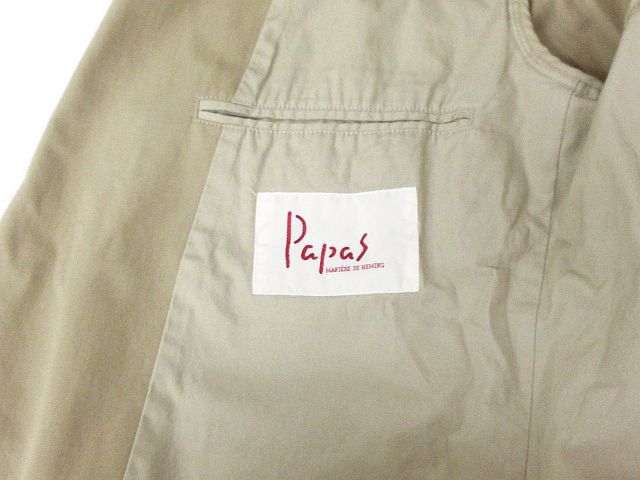 【美品】パパス テーラードジャケット 刺繍ロゴ コットン ベージュ 薄手 パパス Papas ジャケット テーラード ブレザーノーベント